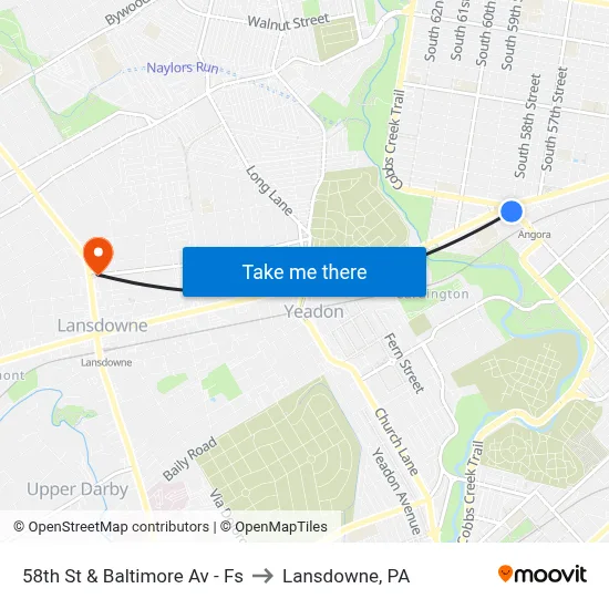 58th St & Baltimore Av - Fs to Lansdowne, PA map