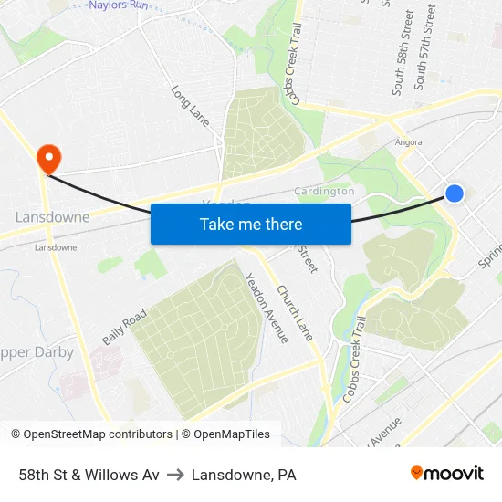 58th St & Willows Av to Lansdowne, PA map