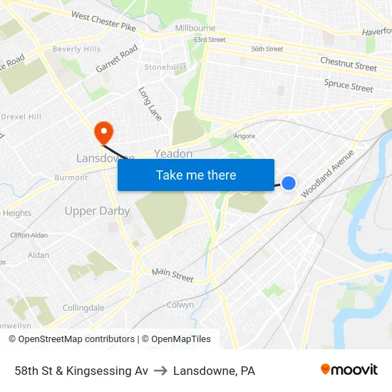 58th St & Kingsessing Av to Lansdowne, PA map