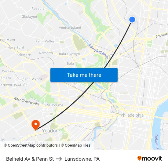 Belfield Av & Penn St to Lansdowne, PA map