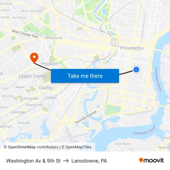 Washington Av & 9th St to Lansdowne, PA map