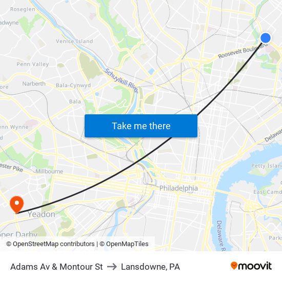 Adams Av & Montour St to Lansdowne, PA map