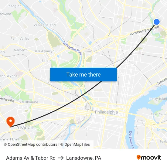 Adams Av & Tabor Rd to Lansdowne, PA map