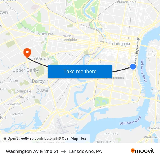 Washington Av & 2nd St to Lansdowne, PA map