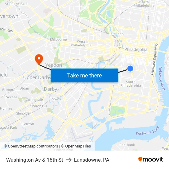 Washington Av & 16th St to Lansdowne, PA map