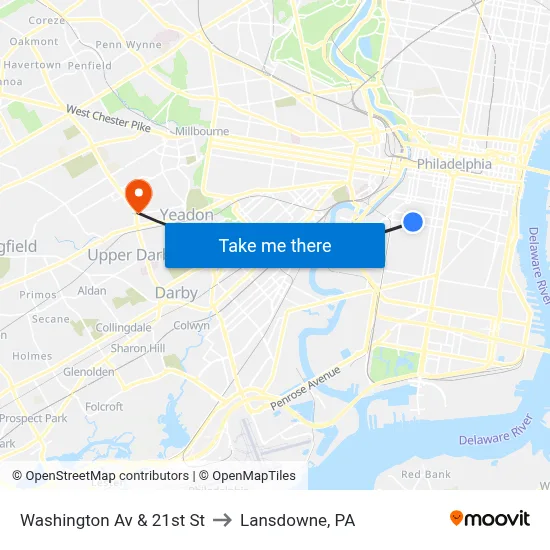 Washington Av & 21st St to Lansdowne, PA map