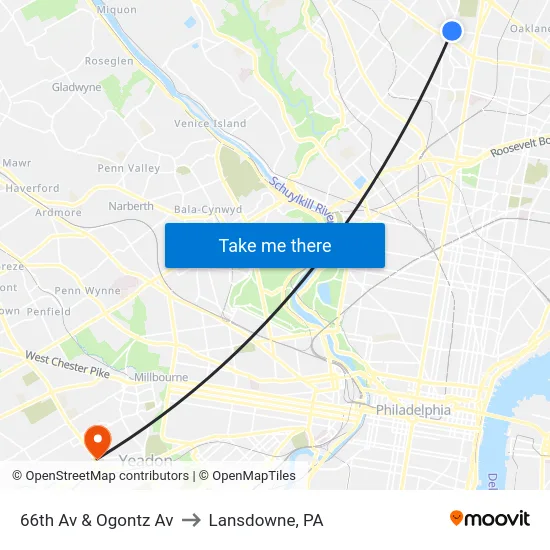 66th Av & Ogontz Av to Lansdowne, PA map