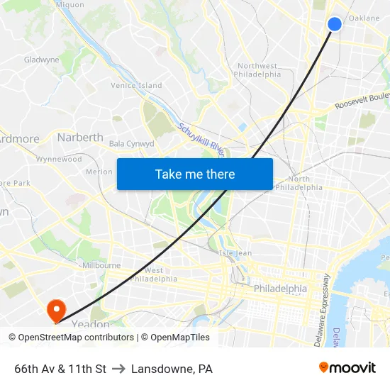 66th Av & 11th St to Lansdowne, PA map