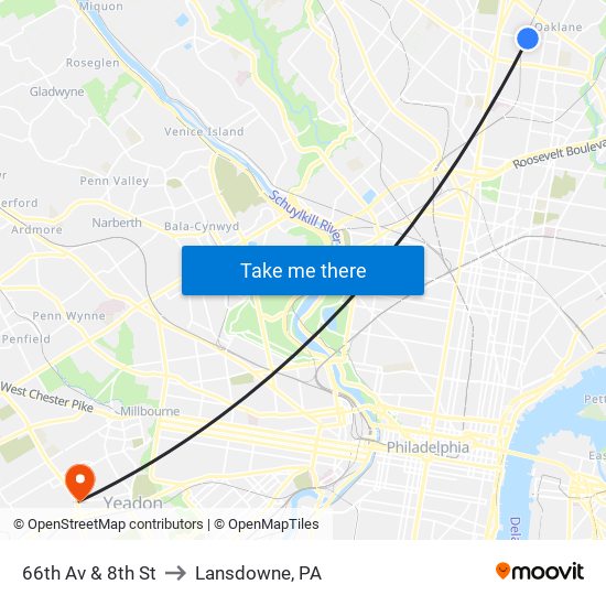 66th Av & 8th St to Lansdowne, PA map