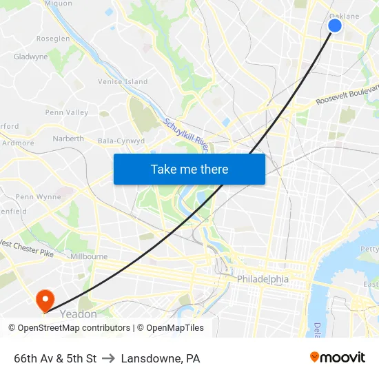 66th Av & 5th St to Lansdowne, PA map
