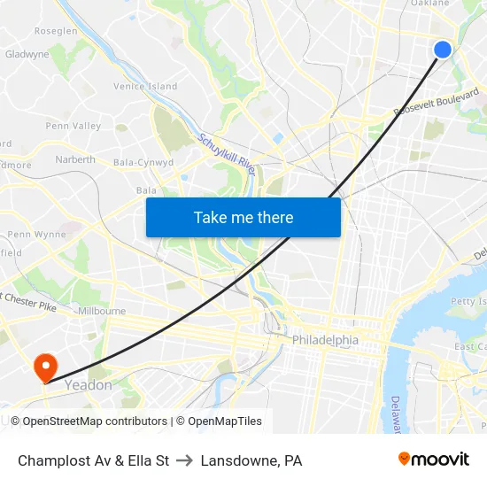 Champlost Av & Ella St to Lansdowne, PA map