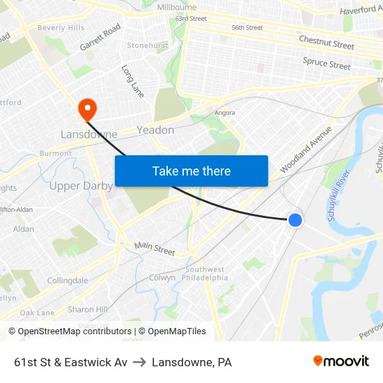 61st St & Eastwick Av to Lansdowne, PA map
