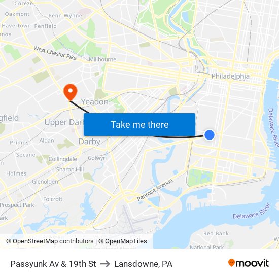 Passyunk Av & 19th St to Lansdowne, PA map