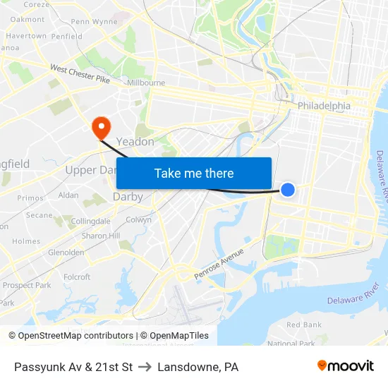 Passyunk Av & 21st St to Lansdowne, PA map