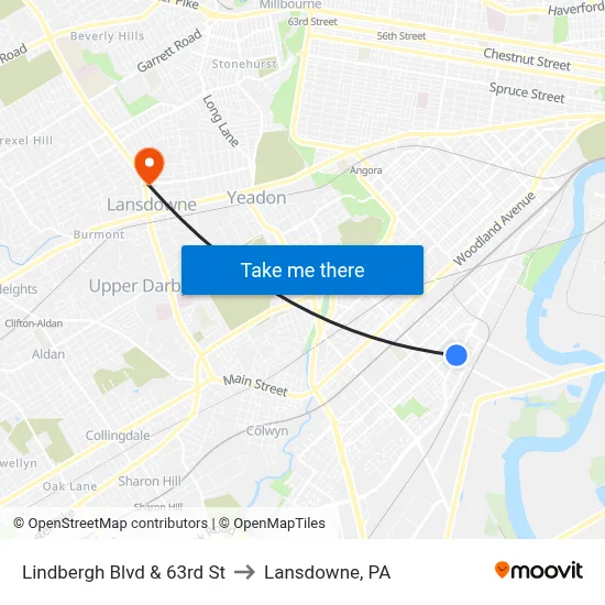 Lindbergh Blvd & 63rd St to Lansdowne, PA map