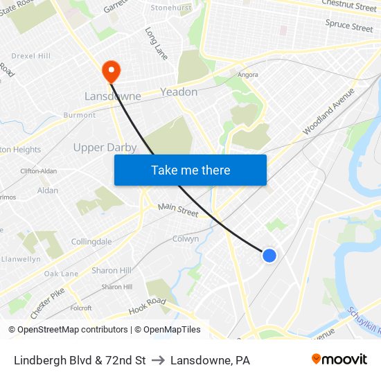 Lindbergh Blvd & 72nd St to Lansdowne, PA map