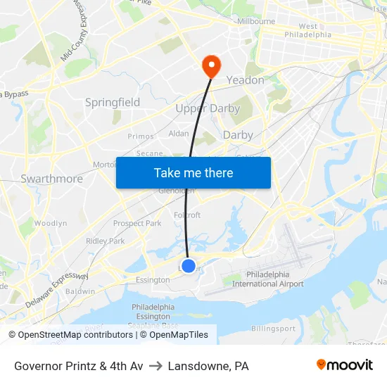 Governor Printz & 4th Av to Lansdowne, PA map