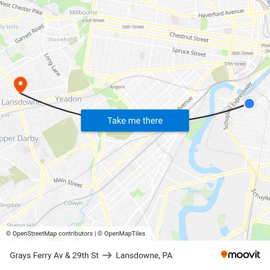 Grays Ferry Av & 29th St to Lansdowne, PA map