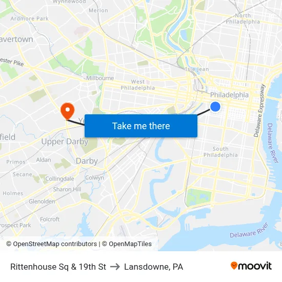 Rittenhouse Sq & 19th St to Lansdowne, PA map