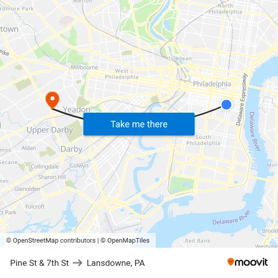 Pine St & 7th St to Lansdowne, PA map