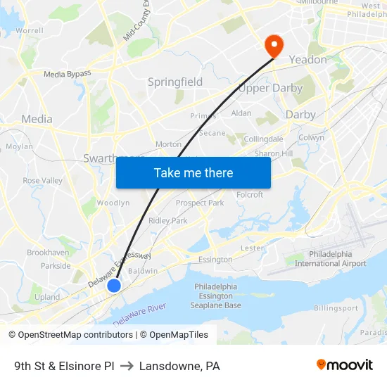 9th St & Elsinore Pl to Lansdowne, PA map