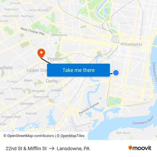 22nd St & Mifflin St to Lansdowne, PA map