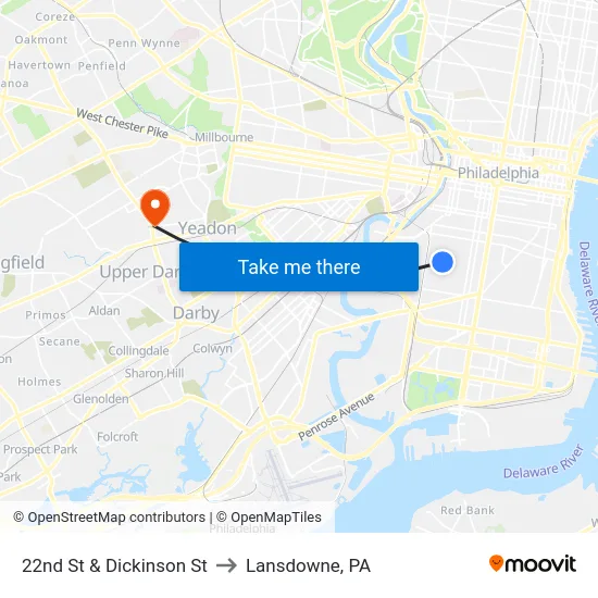 22nd St & Dickinson St to Lansdowne, PA map