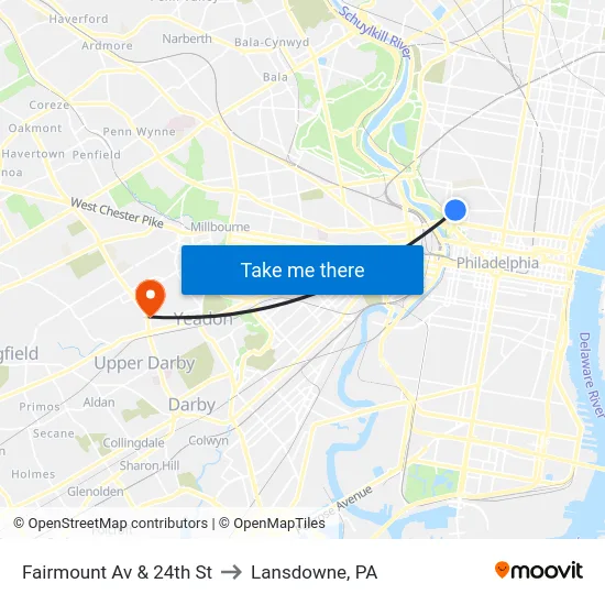 Fairmount Av & 24th St to Lansdowne, PA map