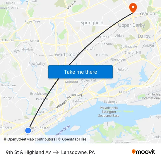 9th St & Highland Av to Lansdowne, PA map