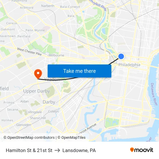Hamilton St & 21st St to Lansdowne, PA map