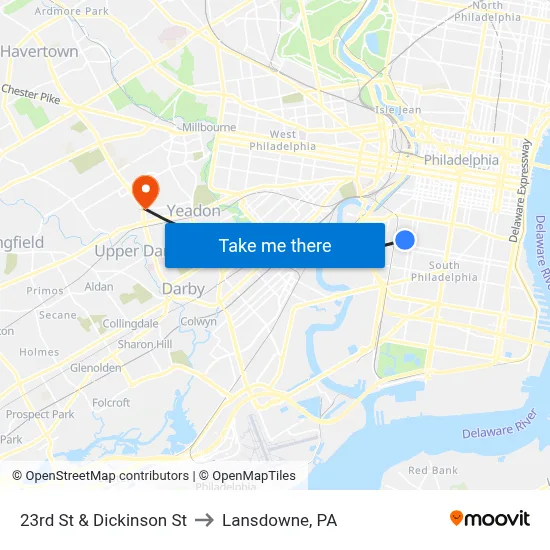 23rd St & Dickinson St to Lansdowne, PA map