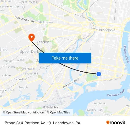 Broad St & Pattison Av to Lansdowne, PA map