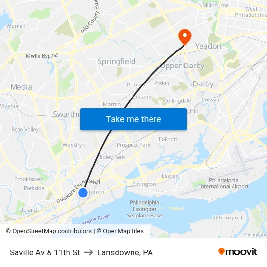 Saville Av & 11th St to Lansdowne, PA map