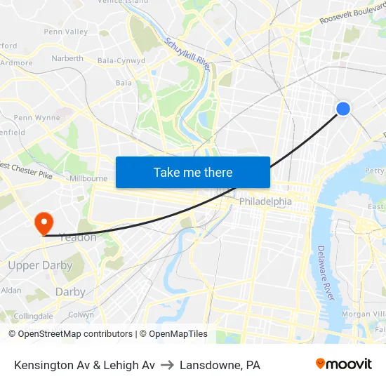 Kensington Av & Lehigh Av to Lansdowne, PA map