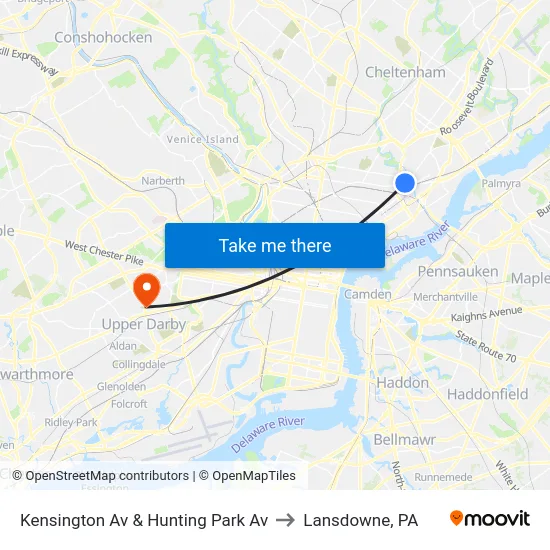 Kensington Av & Hunting Park Av to Lansdowne, PA map