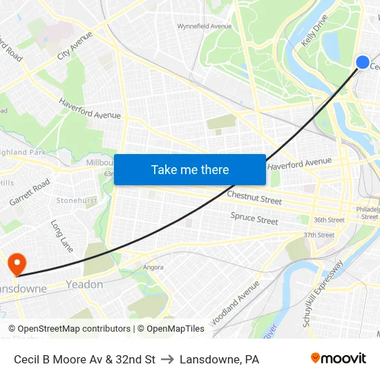 Cecil B Moore Av & 32nd St to Lansdowne, PA map