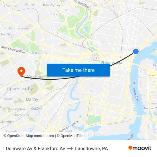 Delaware Av & Frankford Av to Lansdowne, PA map