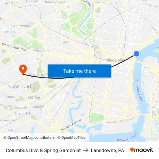Columbus Blvd & Spring Garden St to Lansdowne, PA map