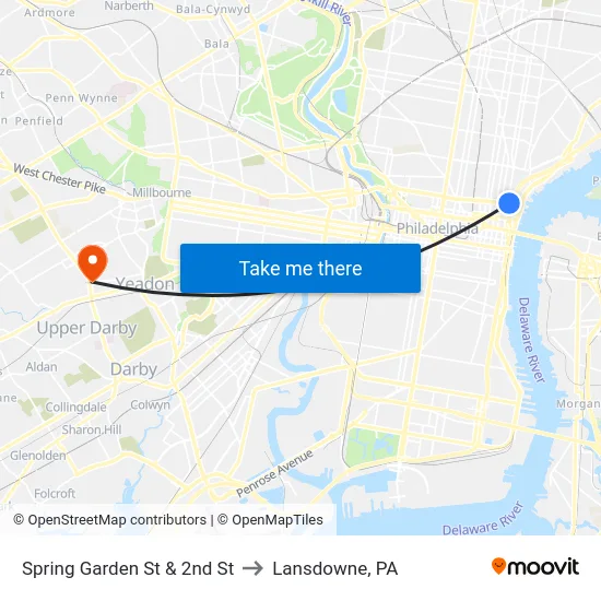 Spring Garden St & 2nd St to Lansdowne, PA map