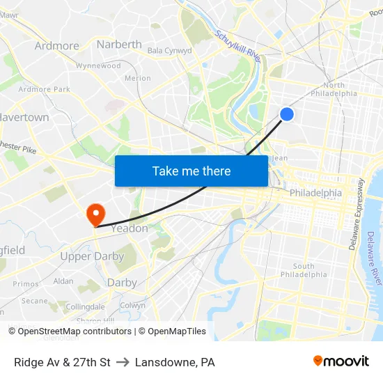 Ridge Av & 27th St to Lansdowne, PA map