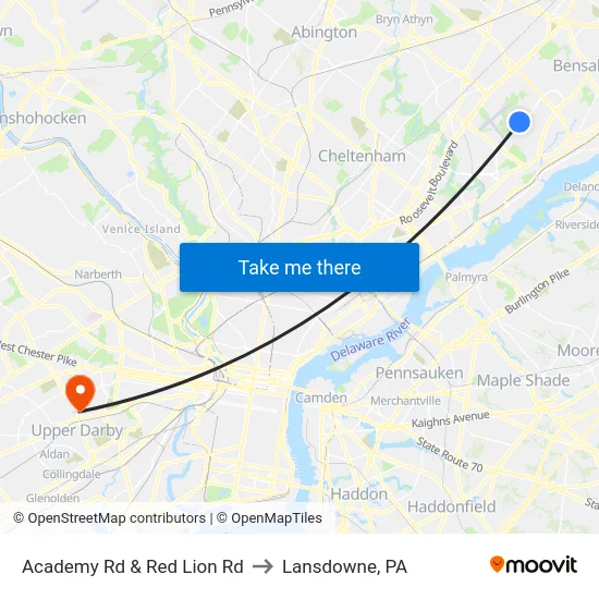 Academy Rd & Red Lion Rd to Lansdowne, PA map