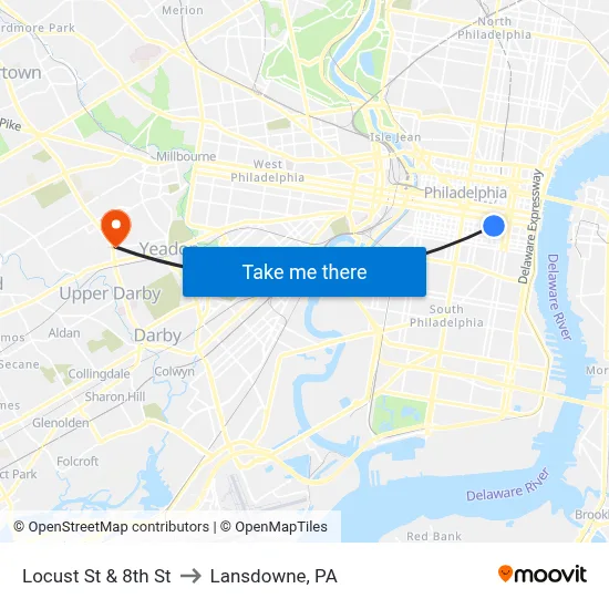 Locust St & 8th St to Lansdowne, PA map