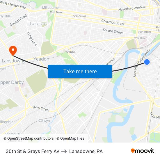 30th St & Grays Ferry Av to Lansdowne, PA map