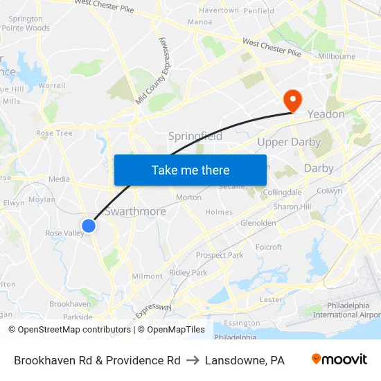 Brookhaven Rd & Providence Rd to Lansdowne, PA map