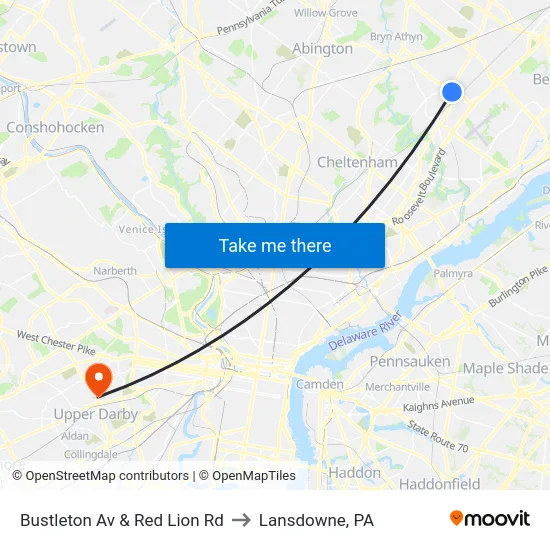 Bustleton Av & Red Lion Rd to Lansdowne, PA map