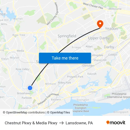 Chestnut Pkwy & Media Pkwy to Lansdowne, PA map