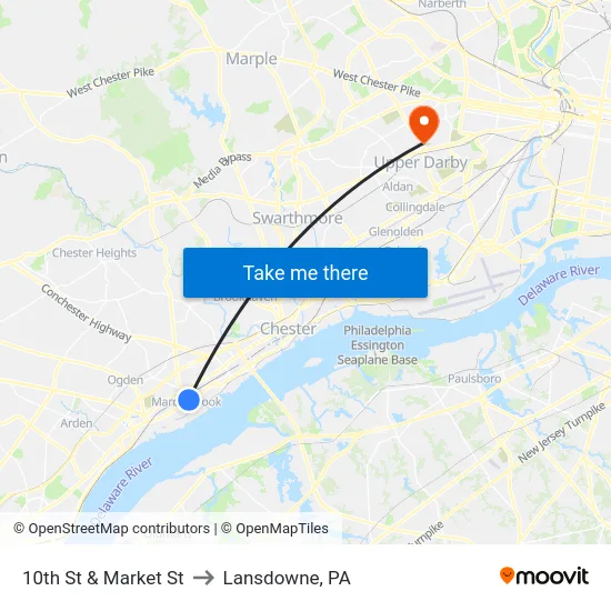 10th St & Market St to Lansdowne, PA map