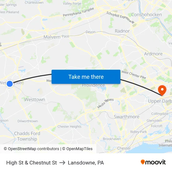 High St & Chestnut St to Lansdowne, PA map