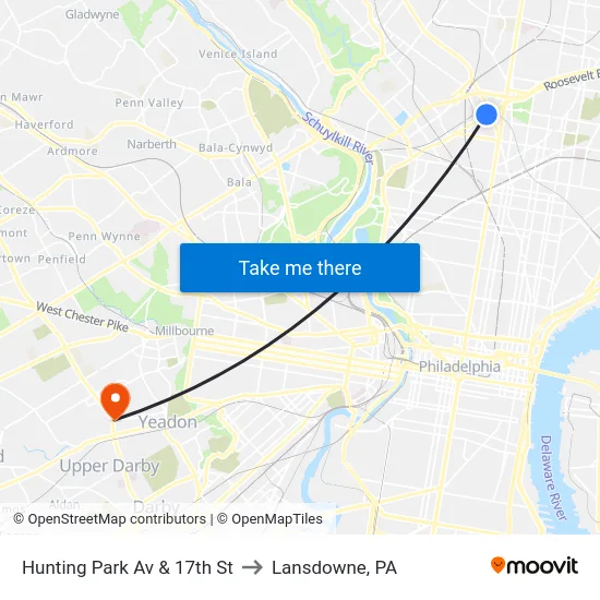 Hunting Park Av & 17th St to Lansdowne, PA map