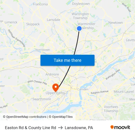 Easton Rd & County Line Rd to Lansdowne, PA map